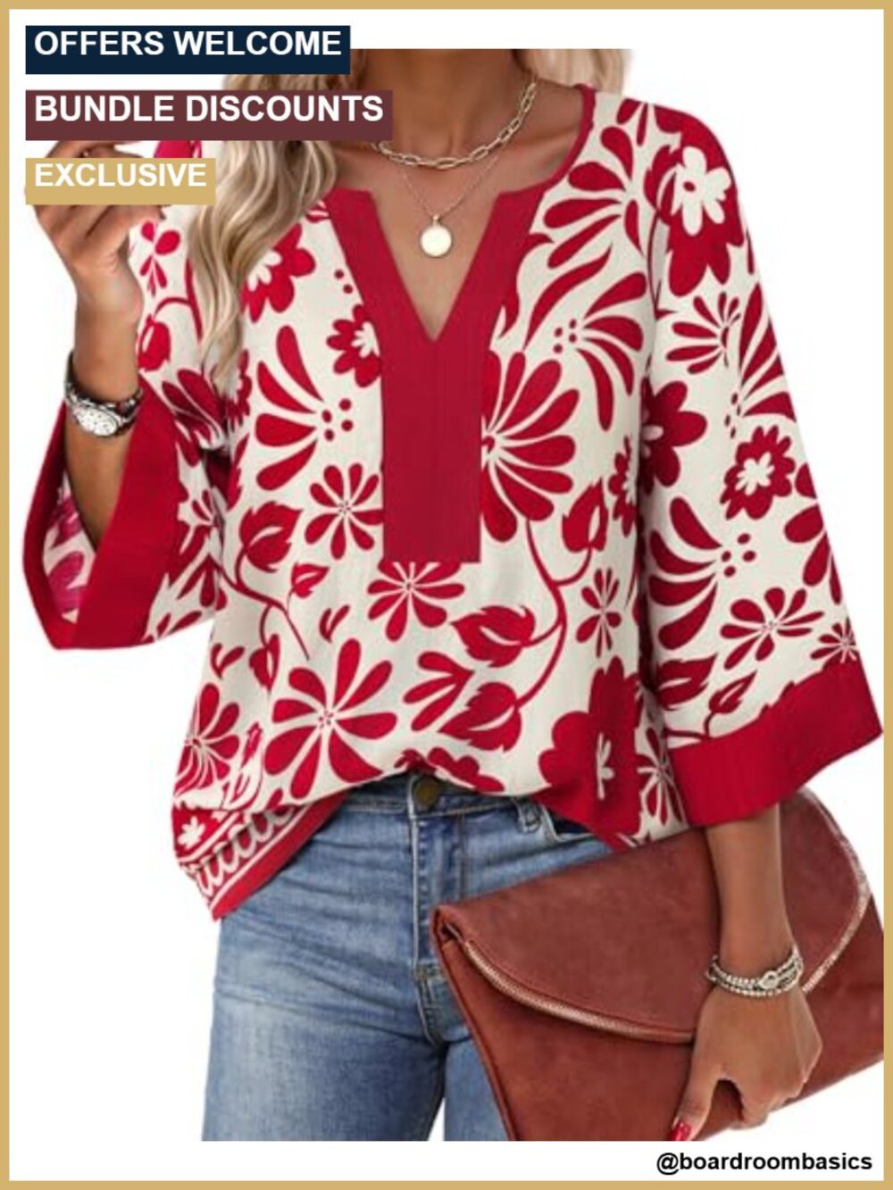 Chiffon 3/4 Sleeve Henley V-Neck Floral Tunic Blouse Loose Fit Office Top